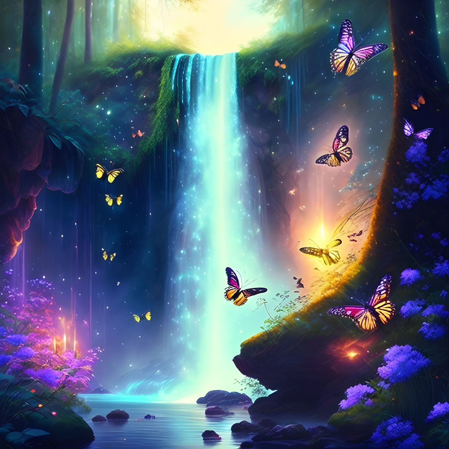 Fantasy Waterfall Scene with Glowing Butterflies and Lush Flora