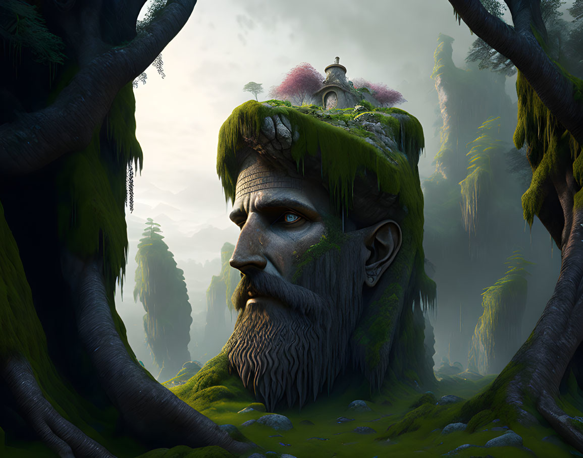 Surreal landscape: giant face on mossy hill with house