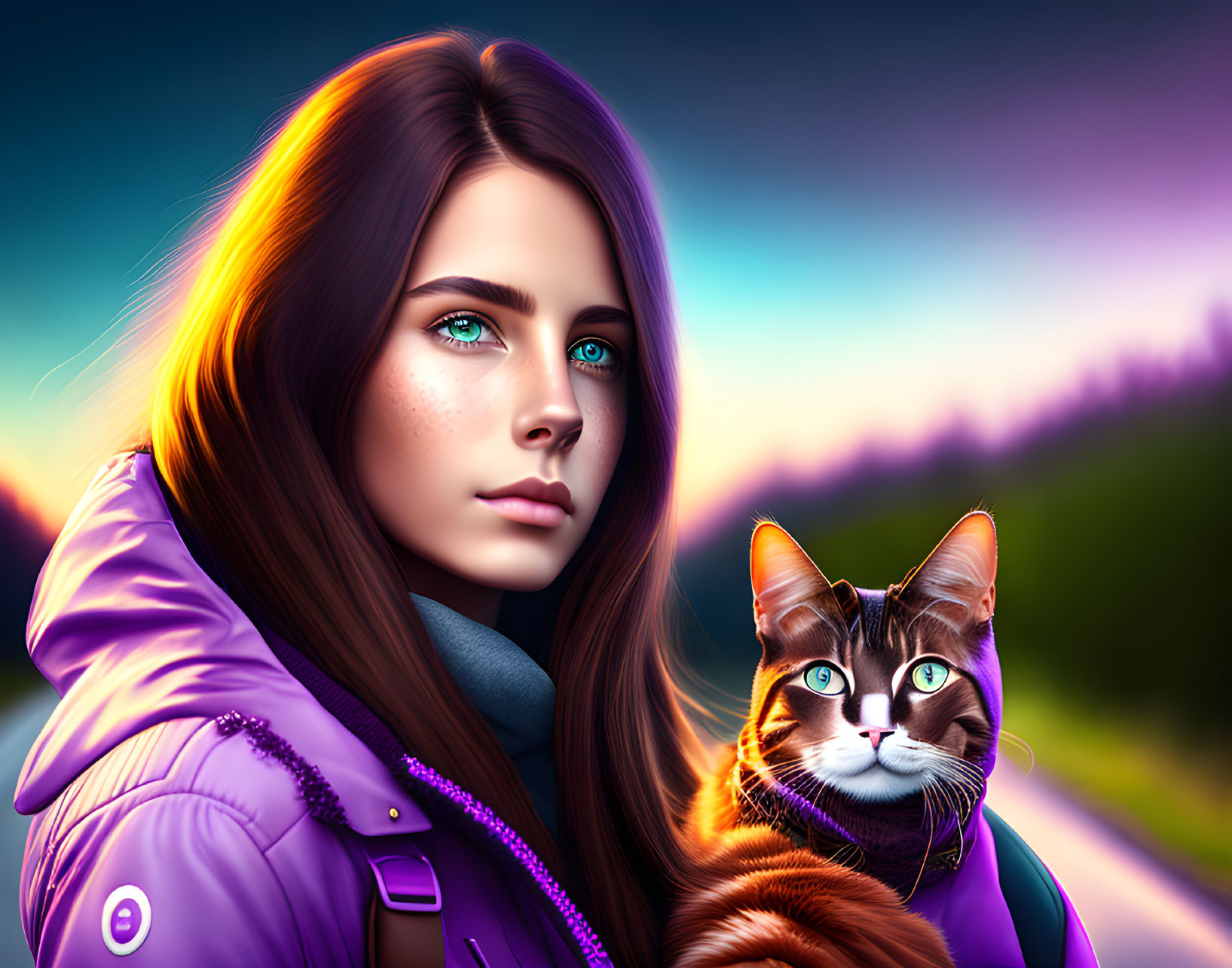 Digital artwork: Girl with long brown hair holding multicolored cat in vibrant sunset.