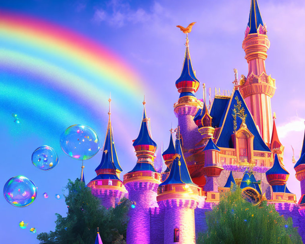 Colorful castle with spires, rainbow sky, and floating bubbles in whimsical scene