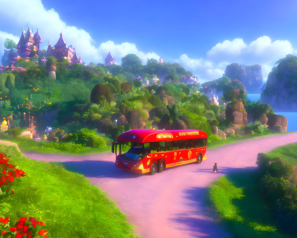 Colorful landscape with red bus, winding road, castle, and lush greenery