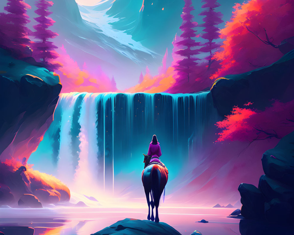 Person on horse admires pink waterfall and blue-purple landscape.