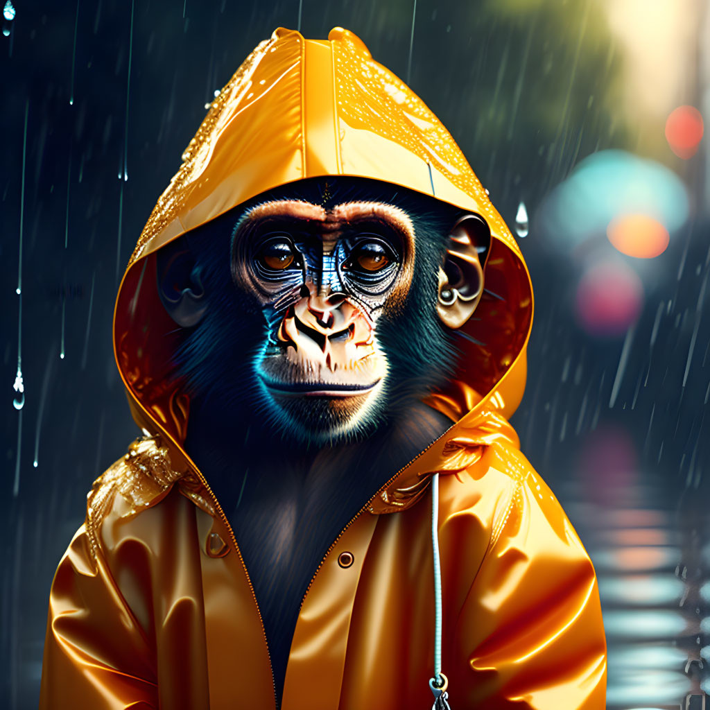 Chimpanzee in Yellow Raincoat with Rain and City Lights