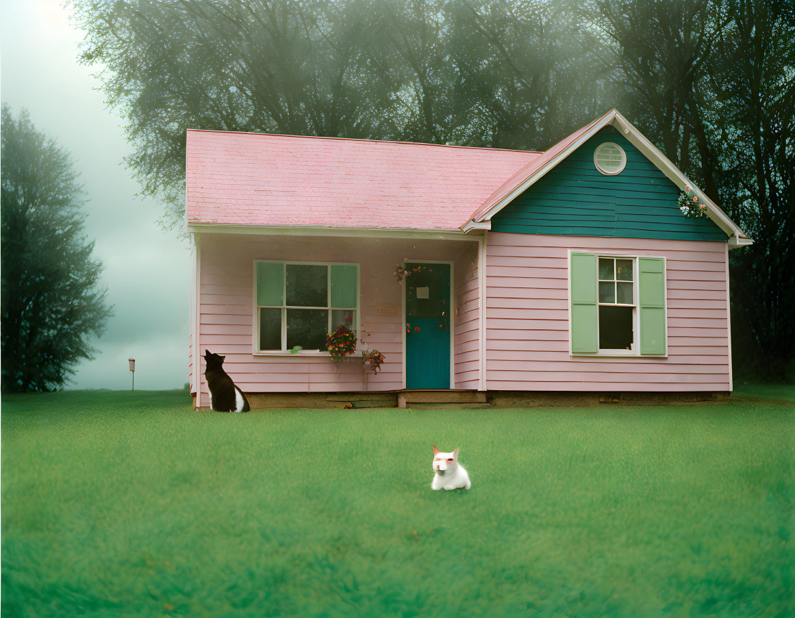 Pink and Blue House with Green Door on Grassy Lawn with Cats