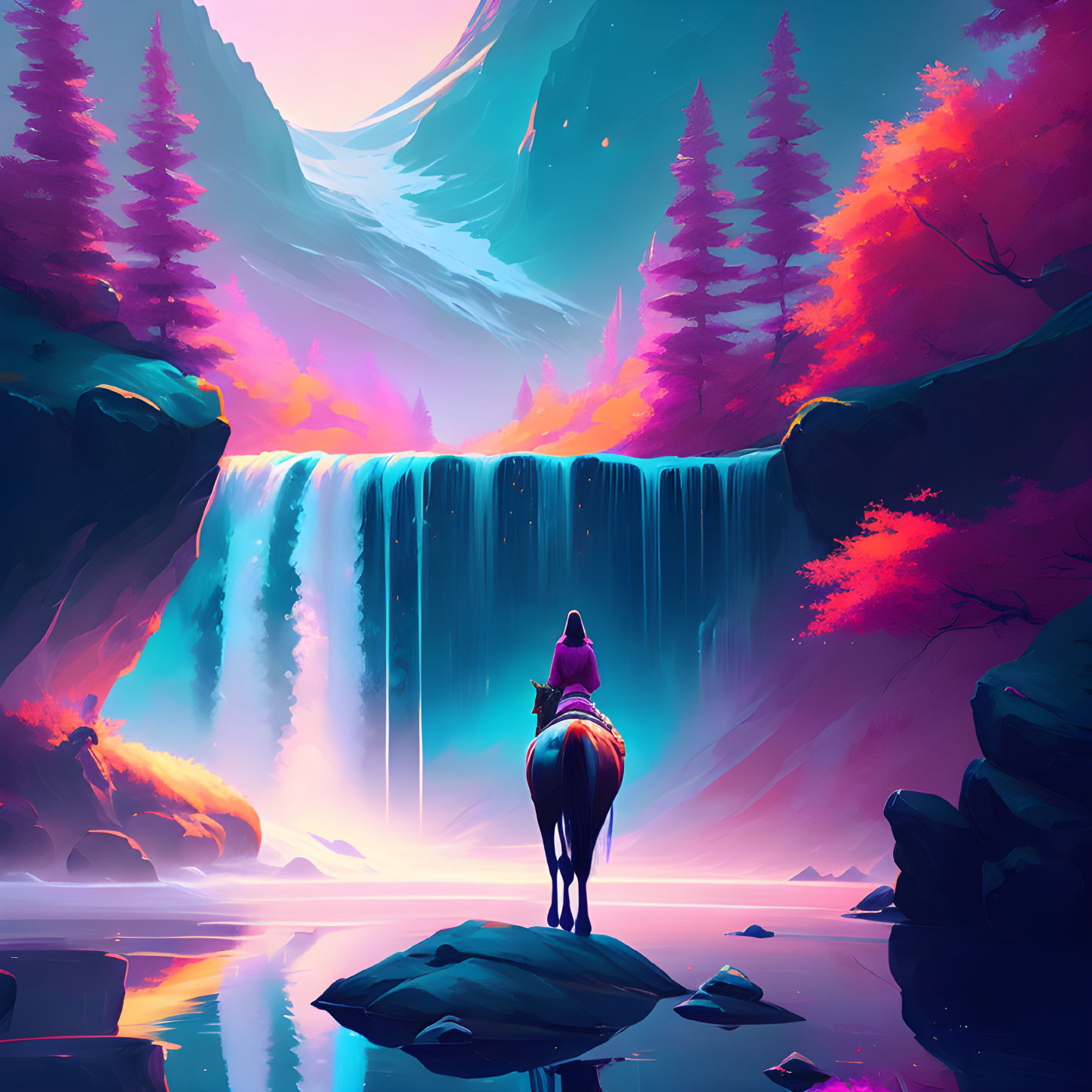 Person on horse admires pink waterfall and blue-purple landscape.