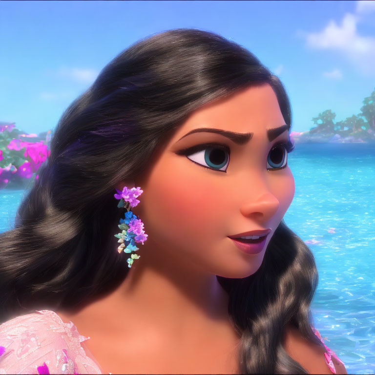 Dark-haired animated character with flowers, gazing at tropical island.