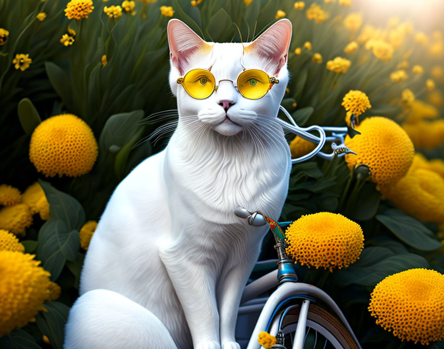 White Cat with Yellow Glasses Beside Bicycle and Yellow Flowers