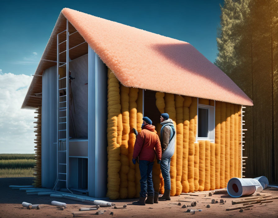 Two individuals examining foam insulation in small house.