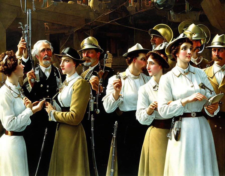 Women in late 19th-century attire assembling firearms with observing men.