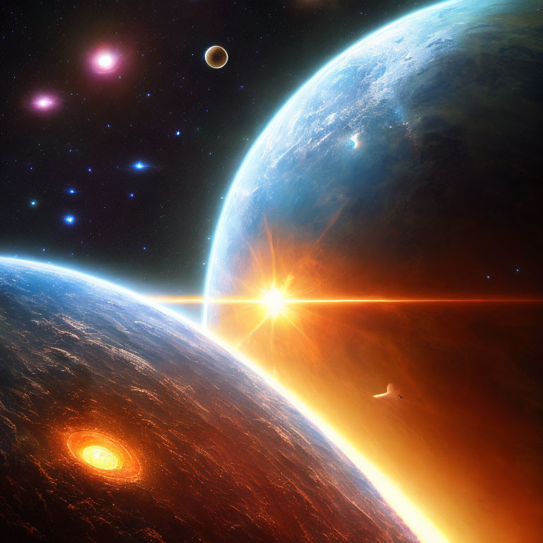 Vibrant space scene: two planets, radiant sun, stars, and nebula glow