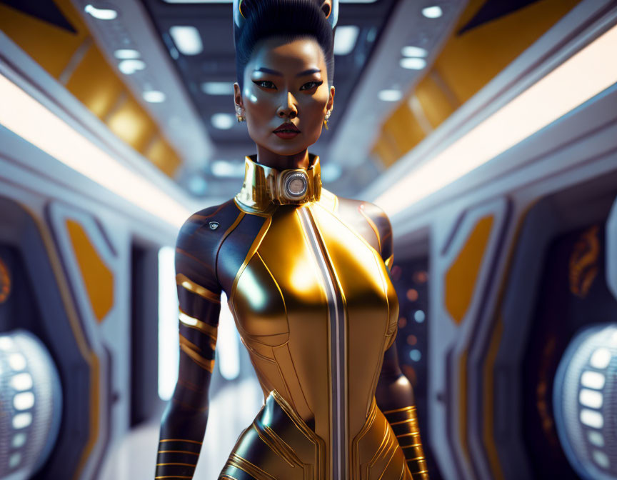 Futuristic woman in golden-black suit on spacecraft corridor