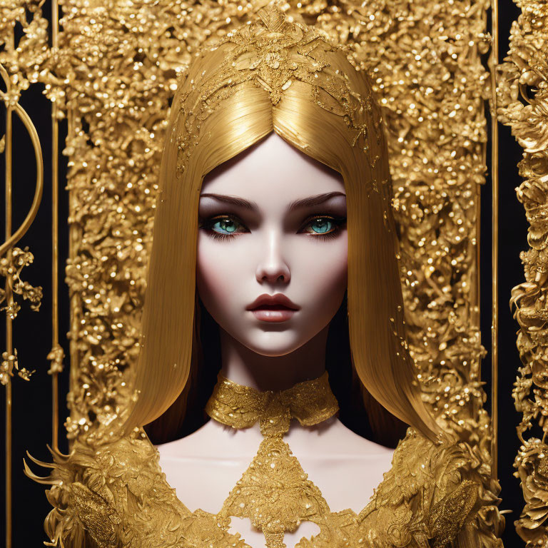 Intricate Golden Headpiece and Ornate Attire on Porcelain Figure