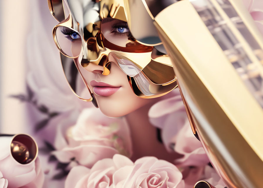 Stylized female figure with gold glasses and mask among pink roses