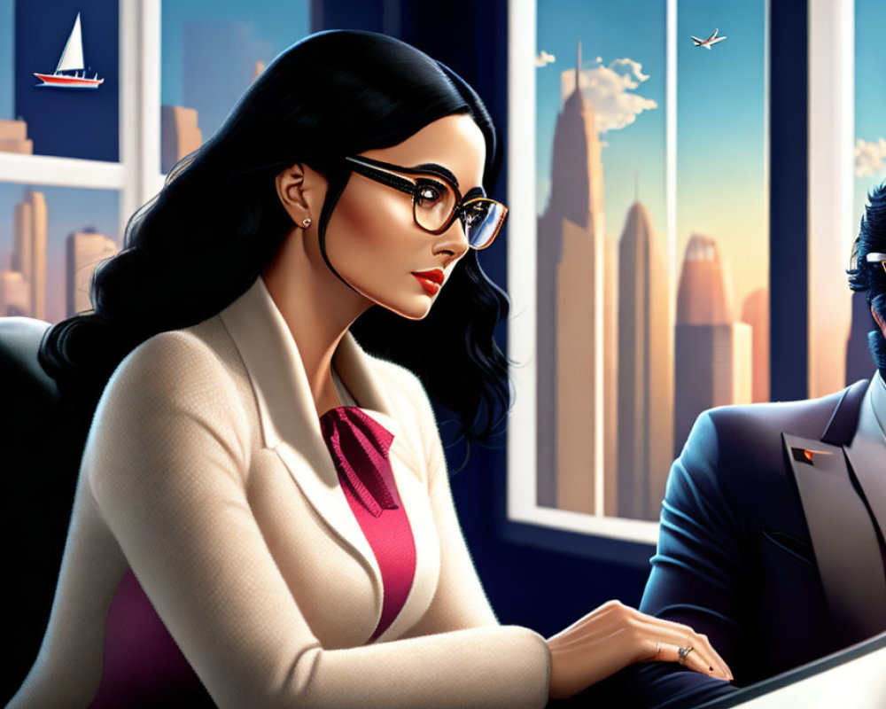 Stylized woman with black hair and glasses in cityscape illustration