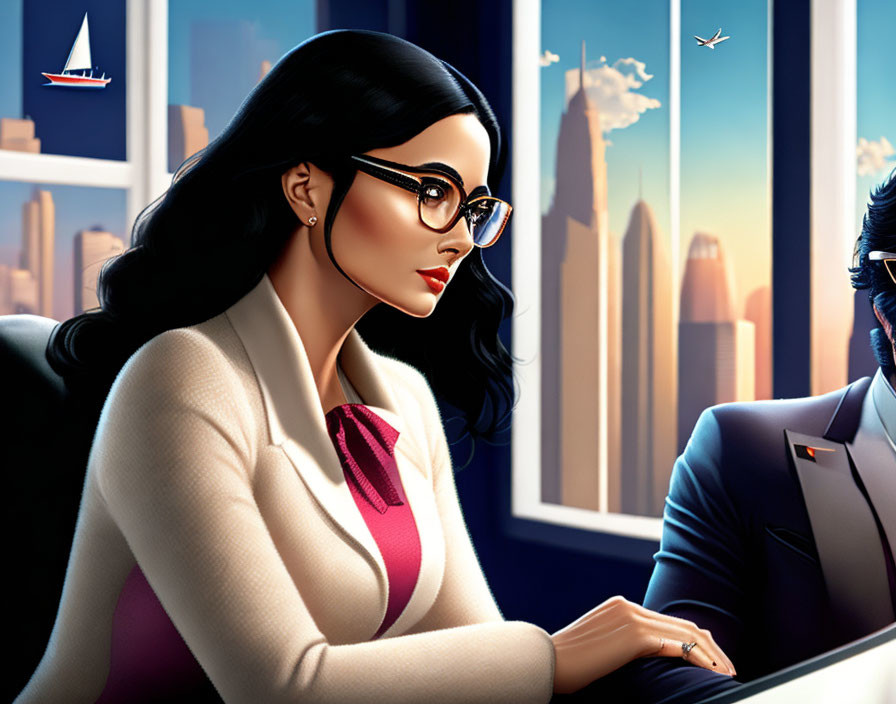 Stylized woman with black hair and glasses in cityscape illustration