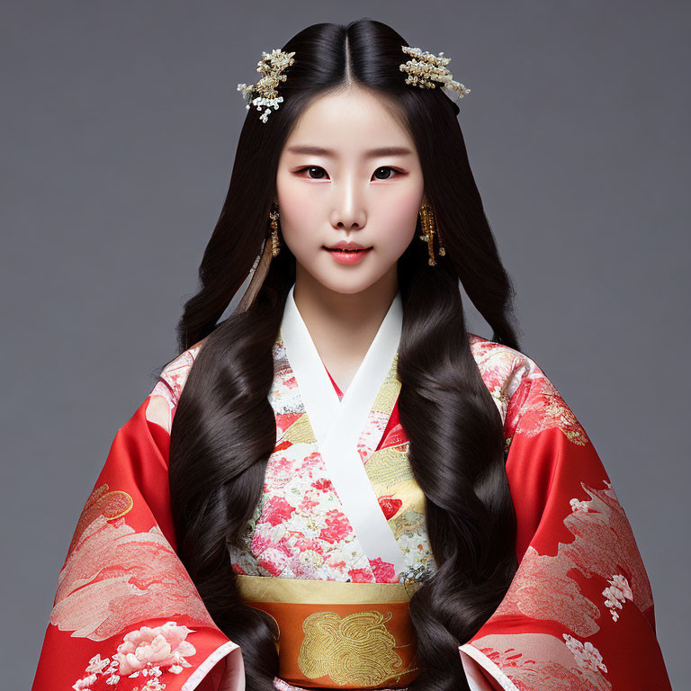 Traditional red kimono with floral patterns on woman against gray backdrop