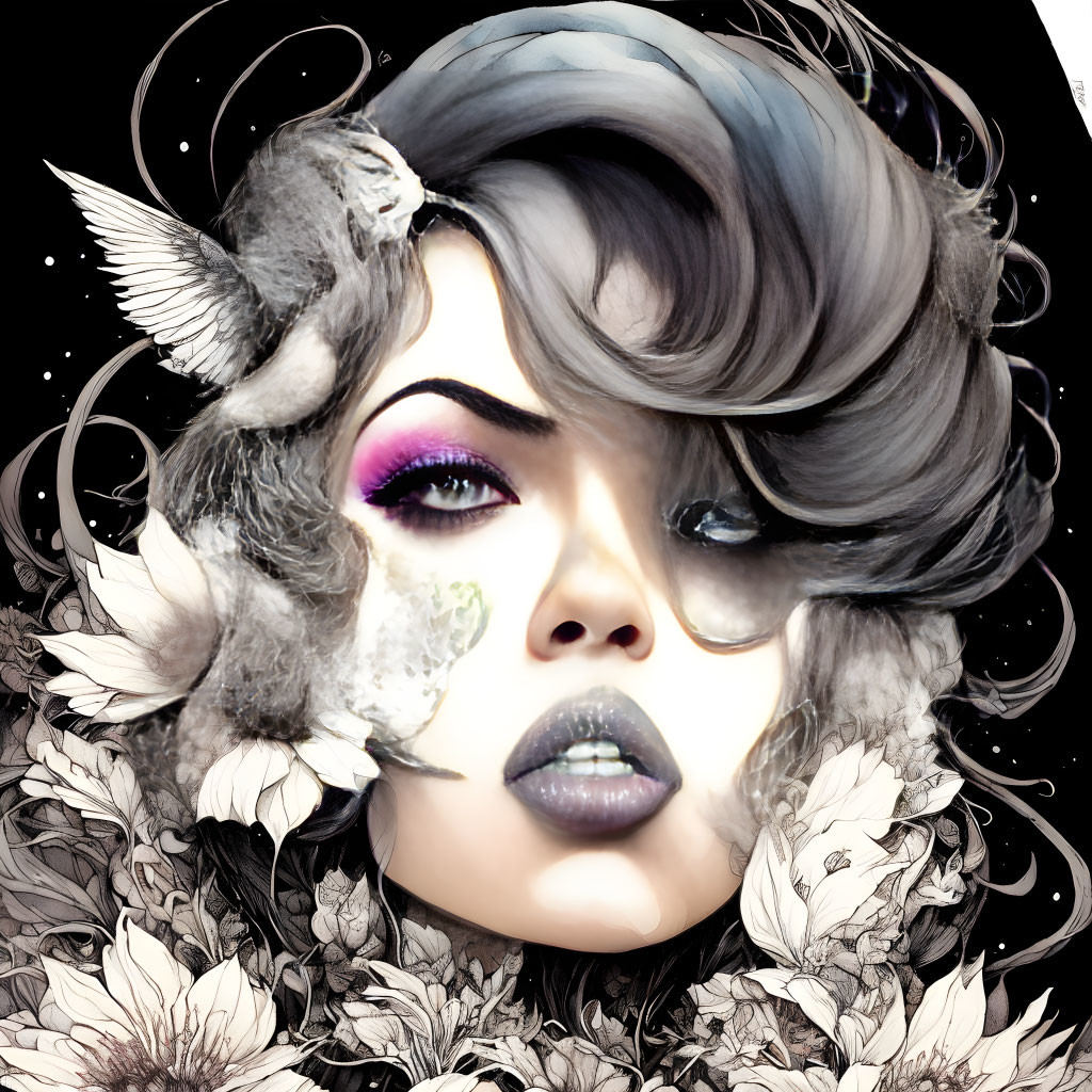 Surreal illustration: Woman's face with bird and floral elements on dark background