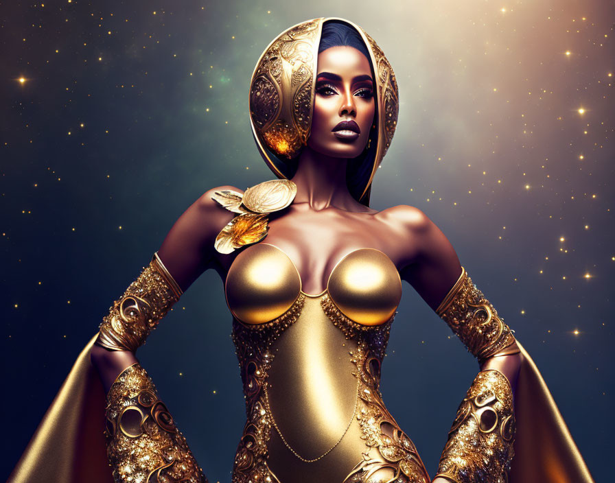 Majestic woman in gold headgear and armor on starry background.