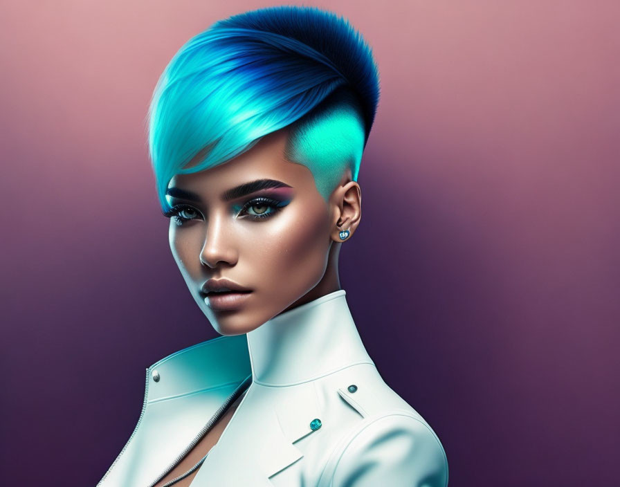 Vibrant blue hair and bold makeup in digital portrait.