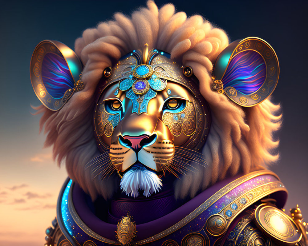 Majestic lion illustration in golden armor against dusk sky