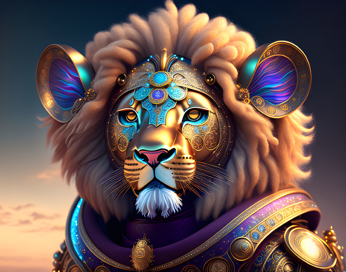 Majestic lion illustration in golden armor against dusk sky