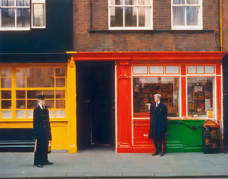 Two men in uniforms outside red and yellow storefronts on a sunny day.