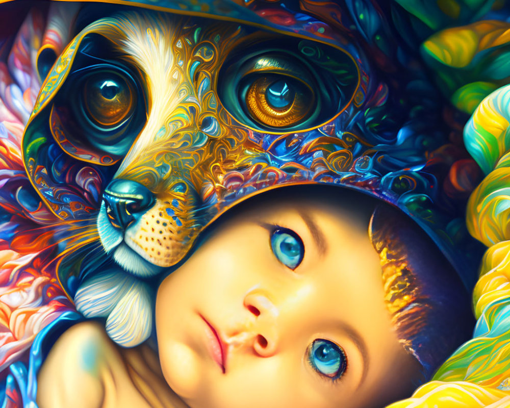 Colorful digital artwork: Child with blue eyes and adorned dog