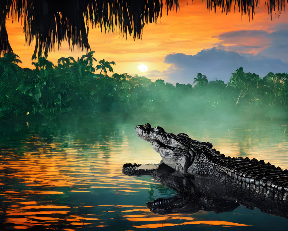 Crocodile emerging from river at sunset with lush jungle foliage.