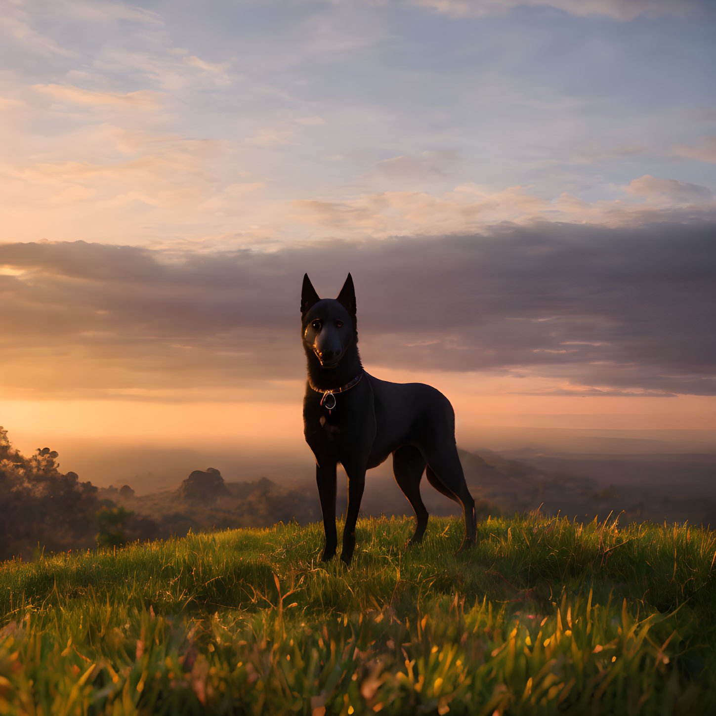 Black dog on grassy hill at sunset with warm sky and clouds