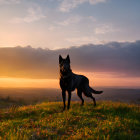 Black dog on grassy hill at sunset with warm sky and clouds