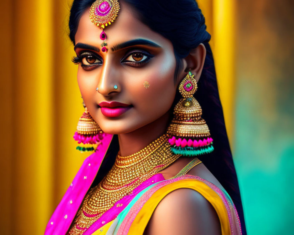 Traditional Indian Attire and Jewelry on Woman with Piercing Gaze