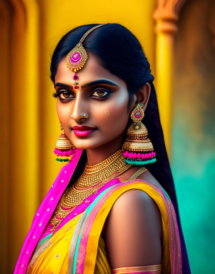 Traditional Indian Attire and Jewelry on Woman with Piercing Gaze