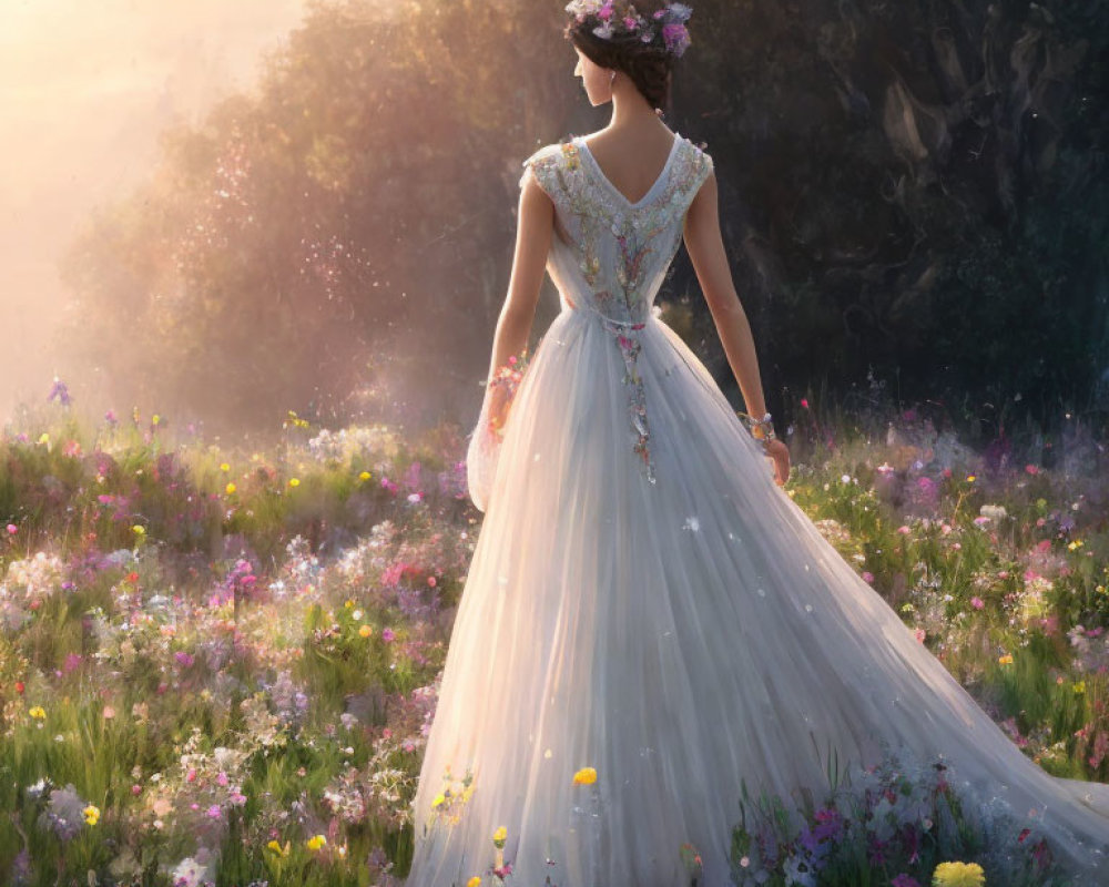 Woman in White Floral Gown Standing in Sunlit Flower Field