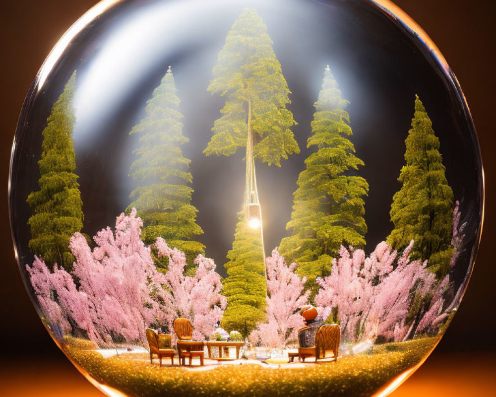 Crystal ball shows inverted image of tall trees and pink cherry blossoms with chairs under warm light