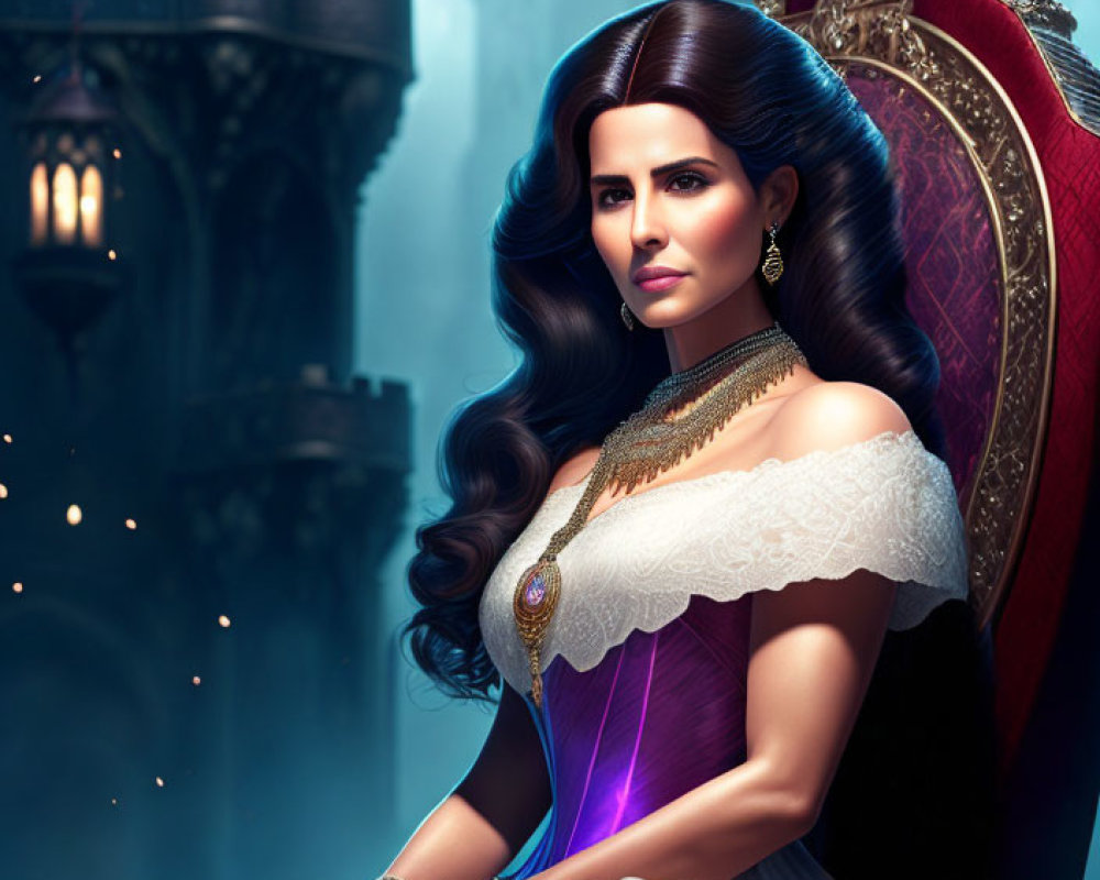 Dark-haired woman in regal purple gown on throne with mystical castle backdrop