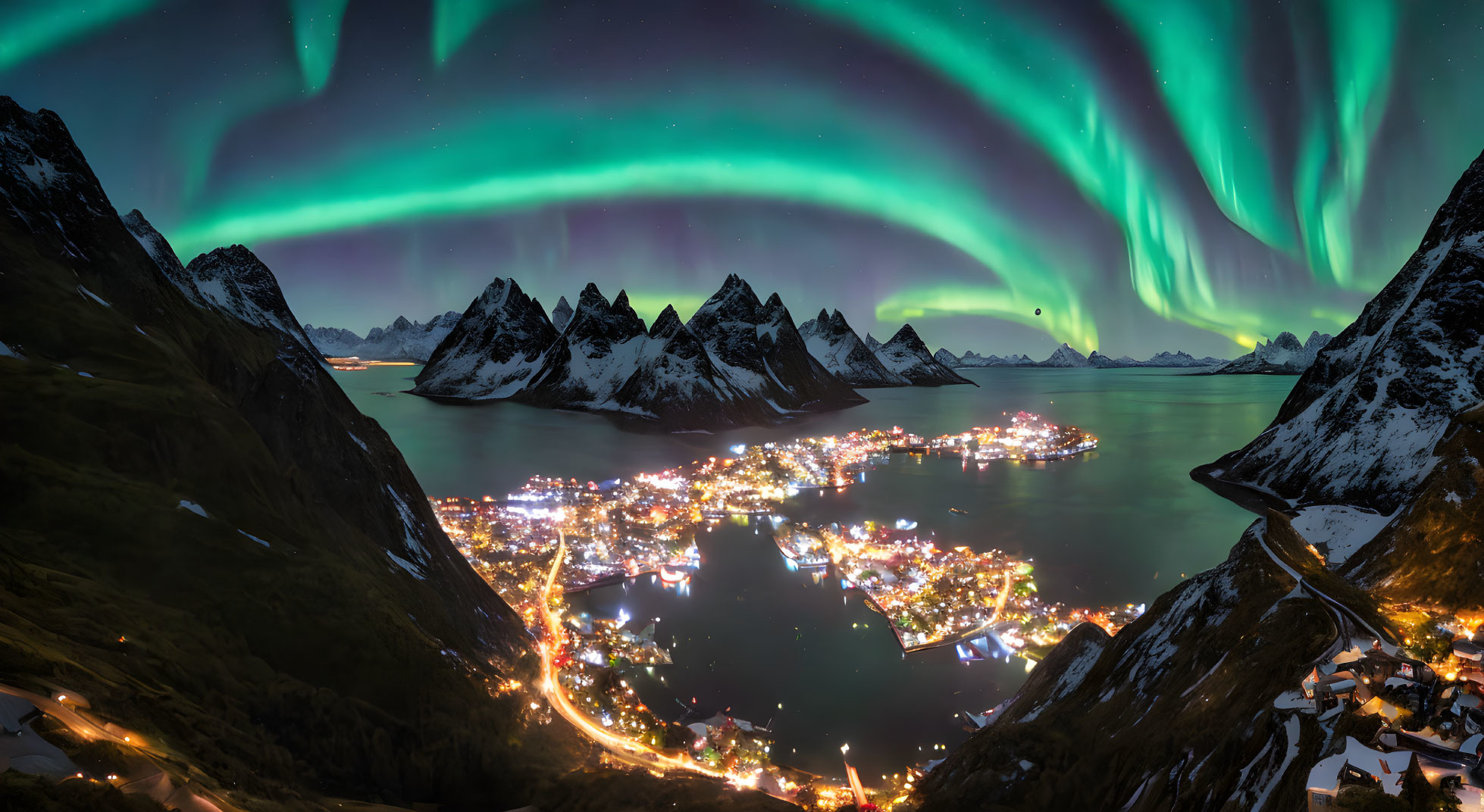 Panoramic night view of coastal town with aurora borealis