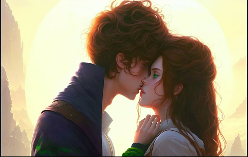 Romantic couple about to kiss at sunset illustration