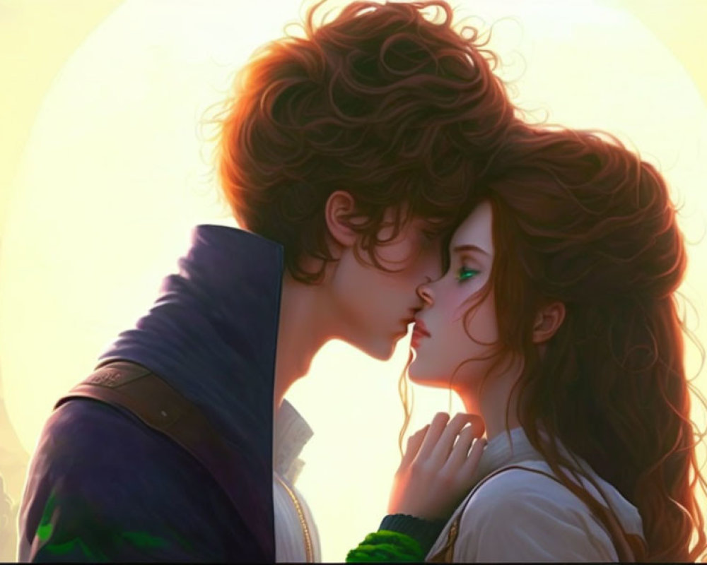 Romantic couple about to kiss at sunset illustration