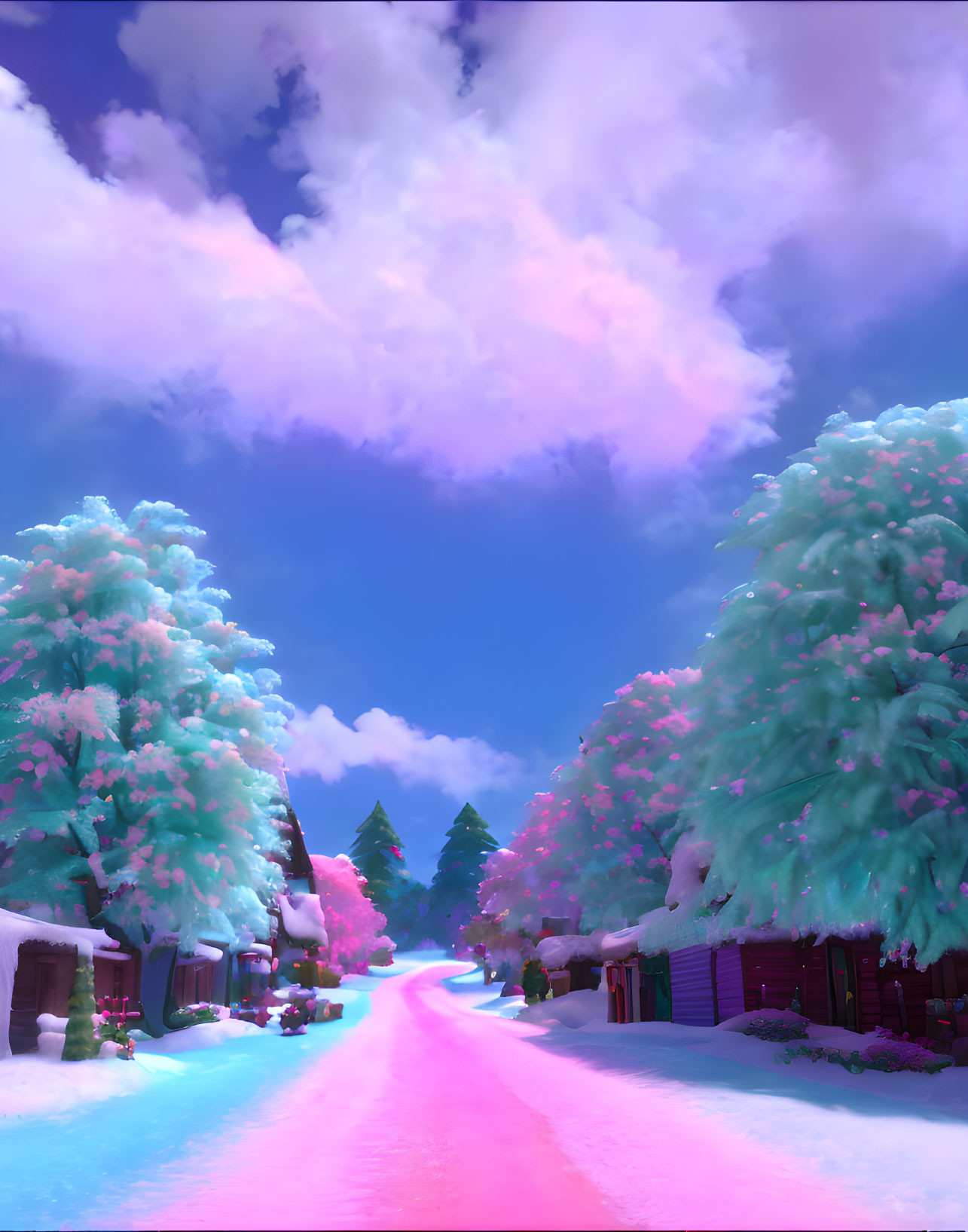 Colorful digital artwork of snowy village with pink snow, blue sky, fluffy clouds, colorful trees,