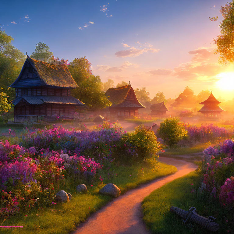 Traditional houses in blooming garden at sunrise with winding path