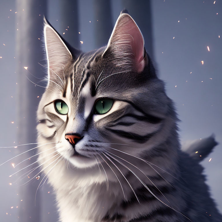 Realistic Grey Tabby Cat Illustration with Green Eyes in Shimmering Light