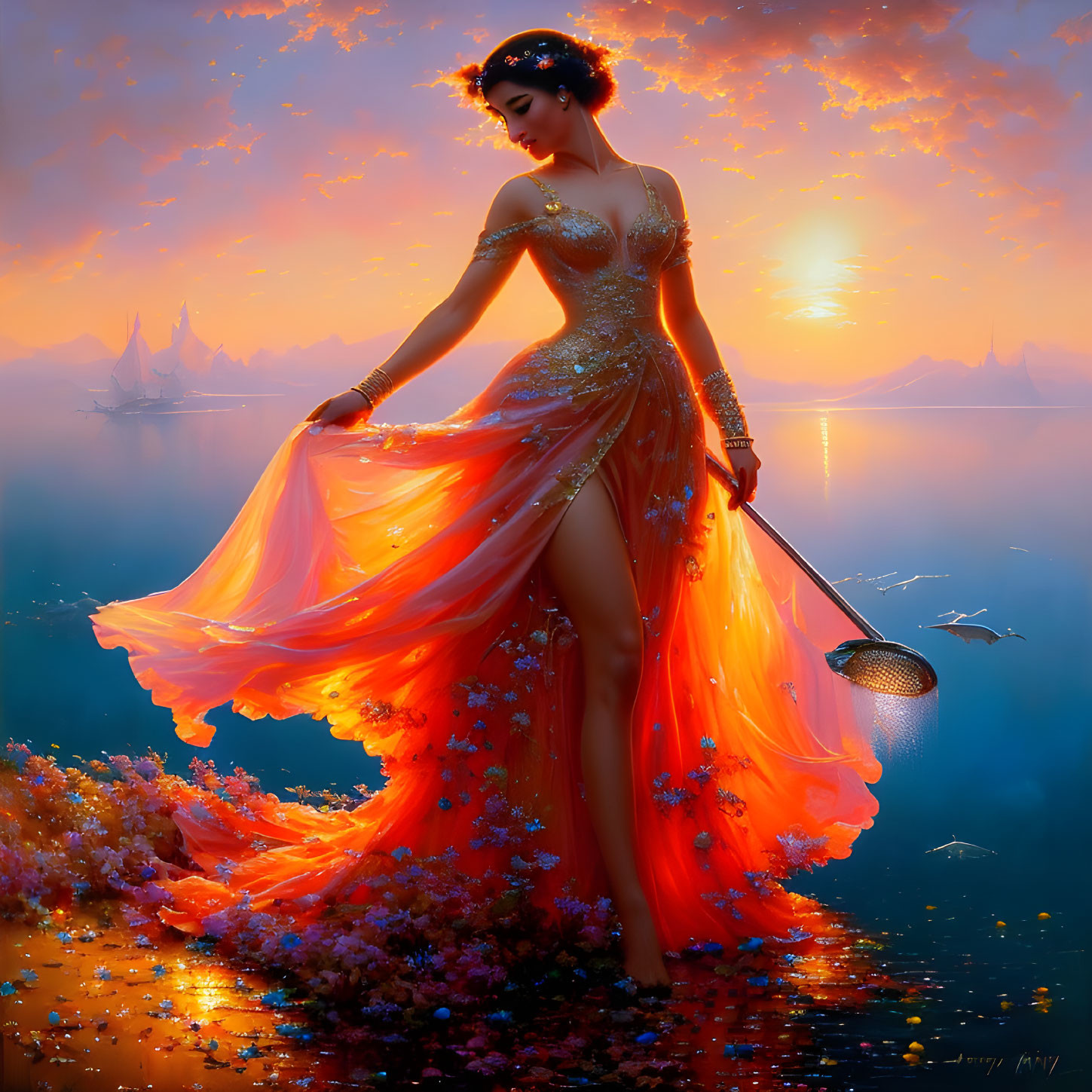 Woman in Orange Dress with Staff and Net by Calm Sea at Sunset