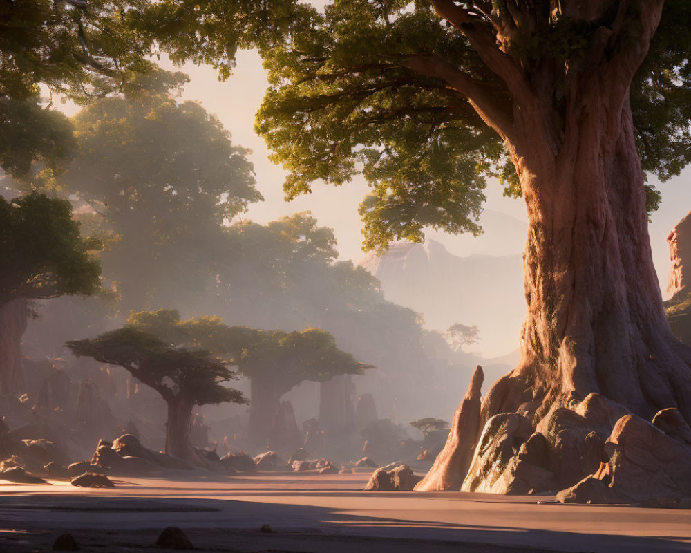 Lush forest scene with tall trees, rocks, and sunlight shadows