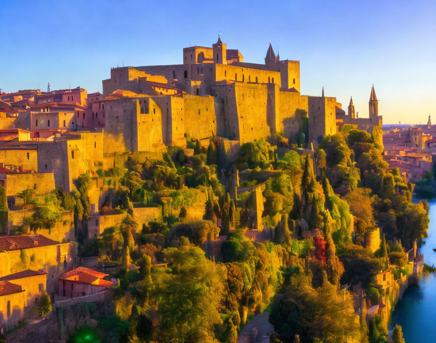 Medieval fortress overlooking European town at sunset