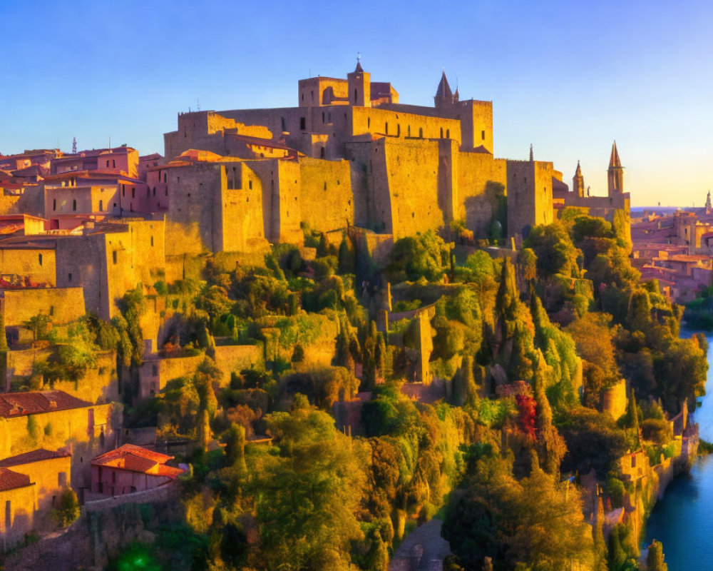 Medieval fortress overlooking European town at sunset