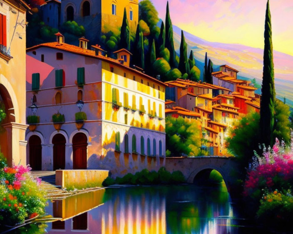 Vibrant painting of picturesque Italian village at sunset