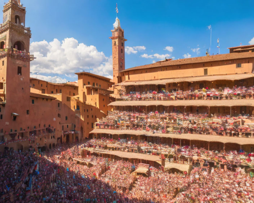 Historic plaza with terracotta buildings under blue sky