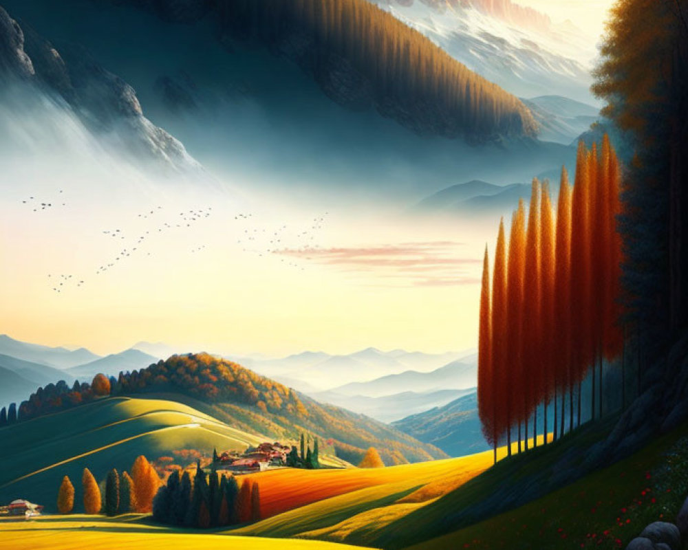 Scenic landscape with golden fields, autumn trees, misty mountain, and sky with birds