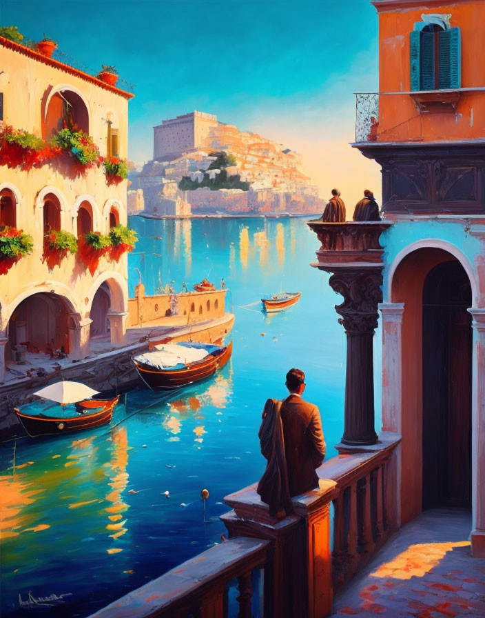 Businessman in suit views Mediterranean coastal scene with boats and colorful buildings at sunset