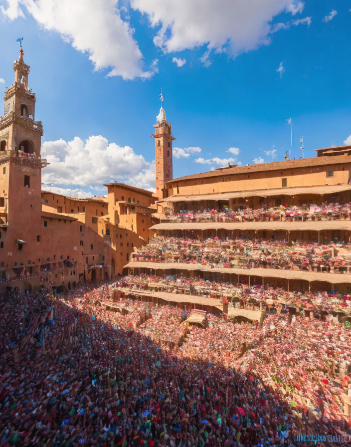 Historic plaza with terracotta buildings under blue sky